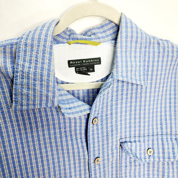 Royal Robbins Outdoor  Travel Blue Striped Men's Button Front Short Sleeve Shirt - Picture 9 of 12